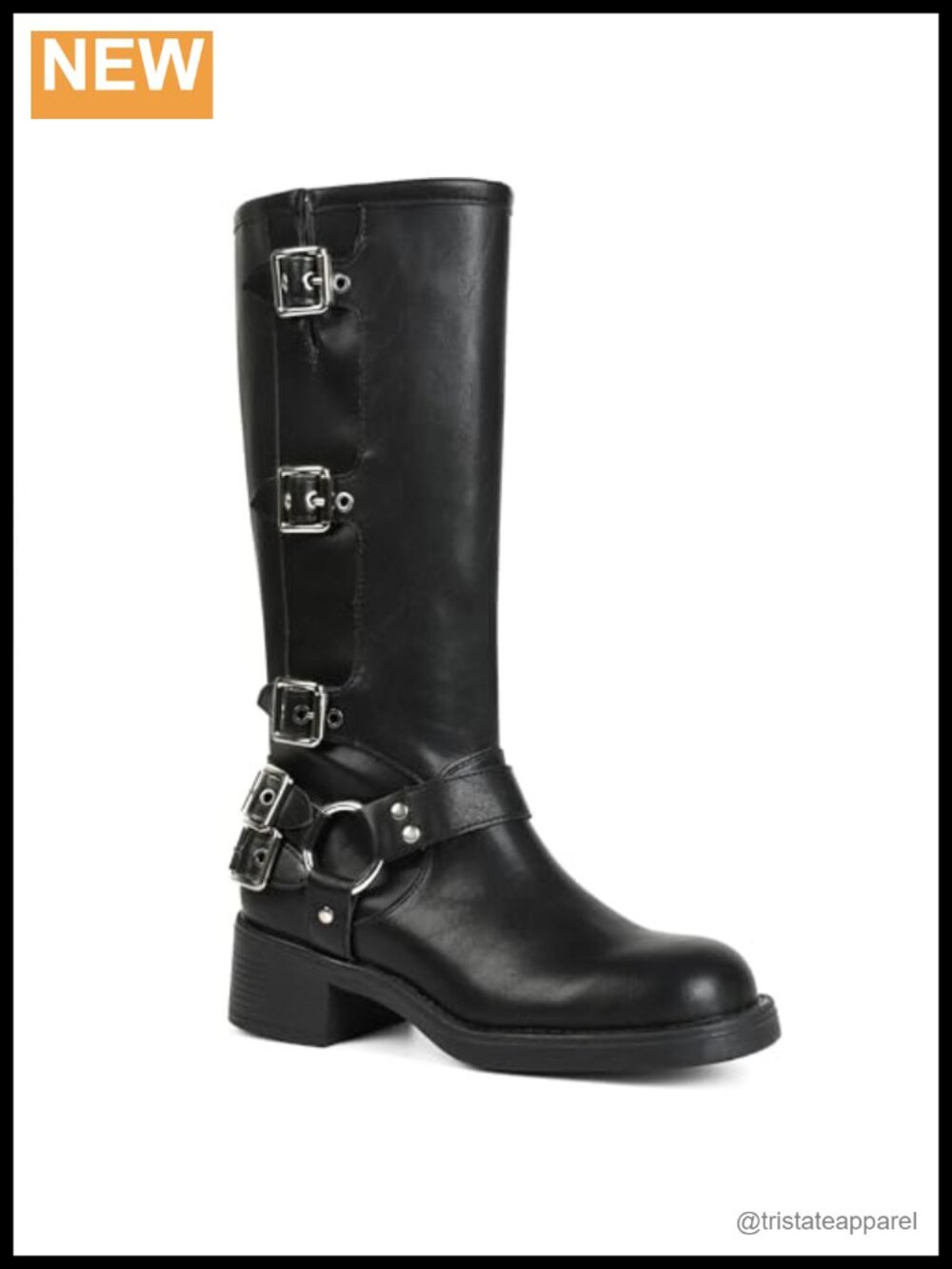 Knee High Combat Boots Women Moto Biker Buckle Chunky Block Heel Square Toe